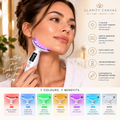 Woman using a USB-rechargeable skincare device with seven LED light colours and face and neck use benefits