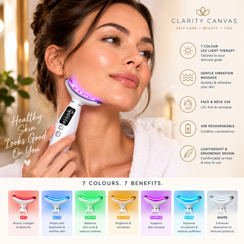 Woman using a USB-rechargeable skincare device with seven LED light colours and face and neck use benefits