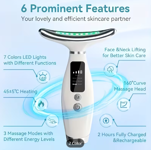 Skincare device showing LED light, heating, massage and rechargeable features